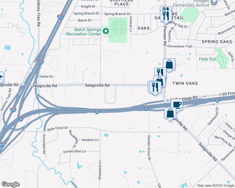 map of restaurants, bars, coffee shops, grocery stores, and more near 4820 Chickadee Drive in Balch Springs