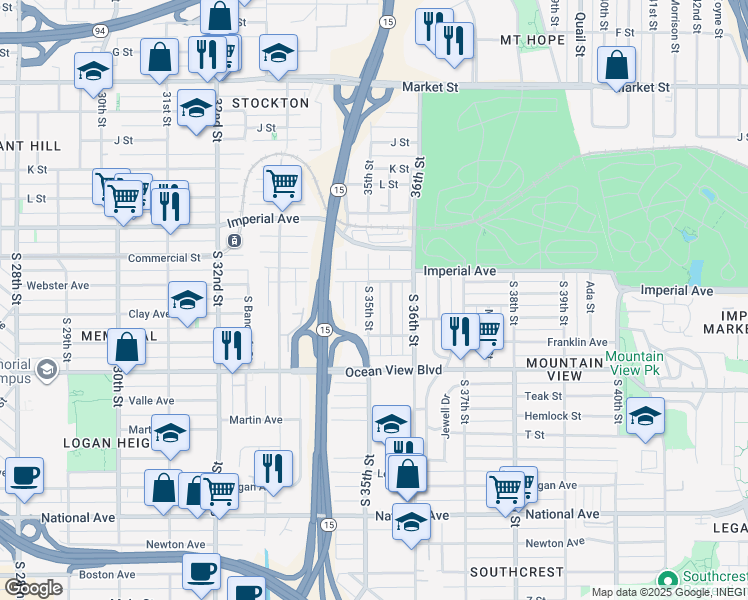map of restaurants, bars, coffee shops, grocery stores, and more near 239 South 35th Street in San Diego