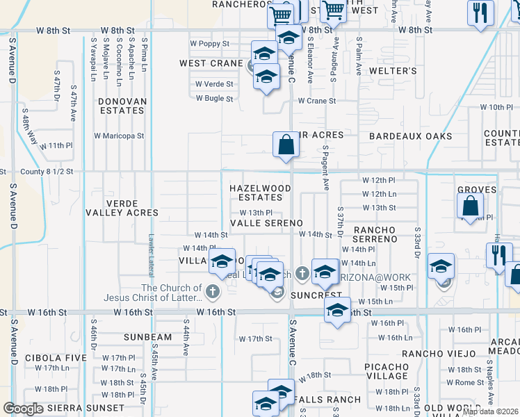 map of restaurants, bars, coffee shops, grocery stores, and more near 4114 West 13th Place in Yuma
