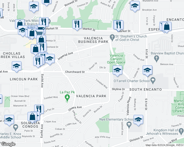 map of restaurants, bars, coffee shops, grocery stores, and more near 5530 Churchward Street in San Diego