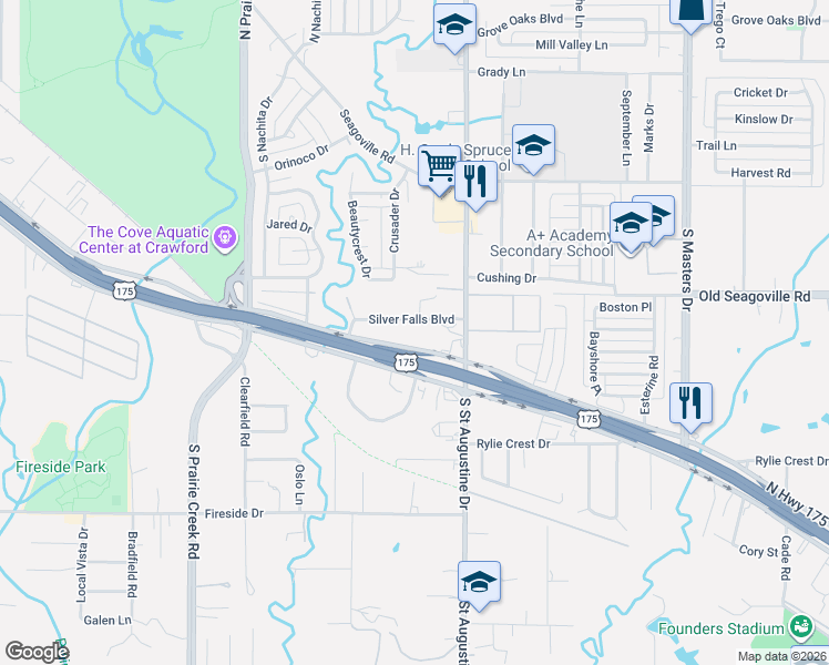 map of restaurants, bars, coffee shops, grocery stores, and more near 9515 Silver Falls Boulevard in Dallas
