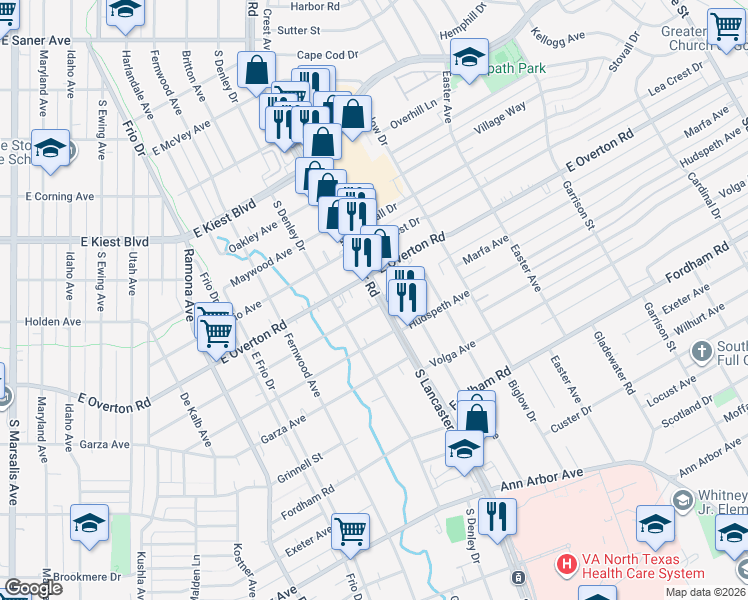 map of restaurants, bars, coffee shops, grocery stores, and more near 3605 South Lancaster Road in Dallas