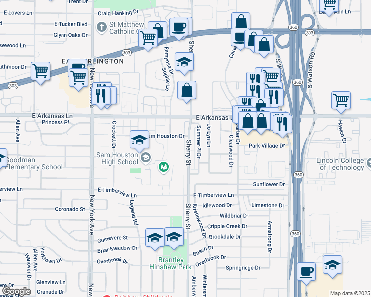 map of restaurants, bars, coffee shops, grocery stores, and more near 2130 East Arkansas Lane in Arlington