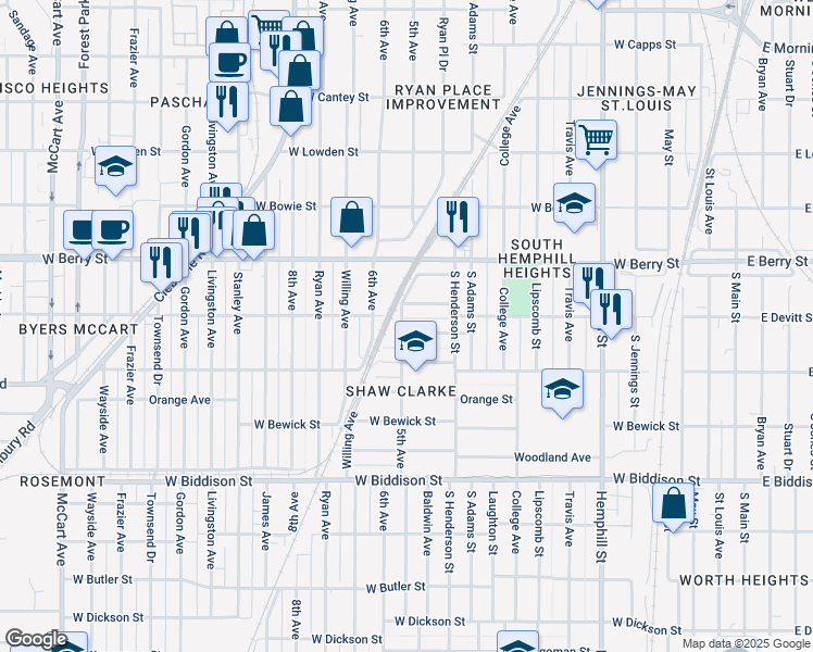 map of restaurants, bars, coffee shops, grocery stores, and more near 1241 West Devitt Street in Fort Worth