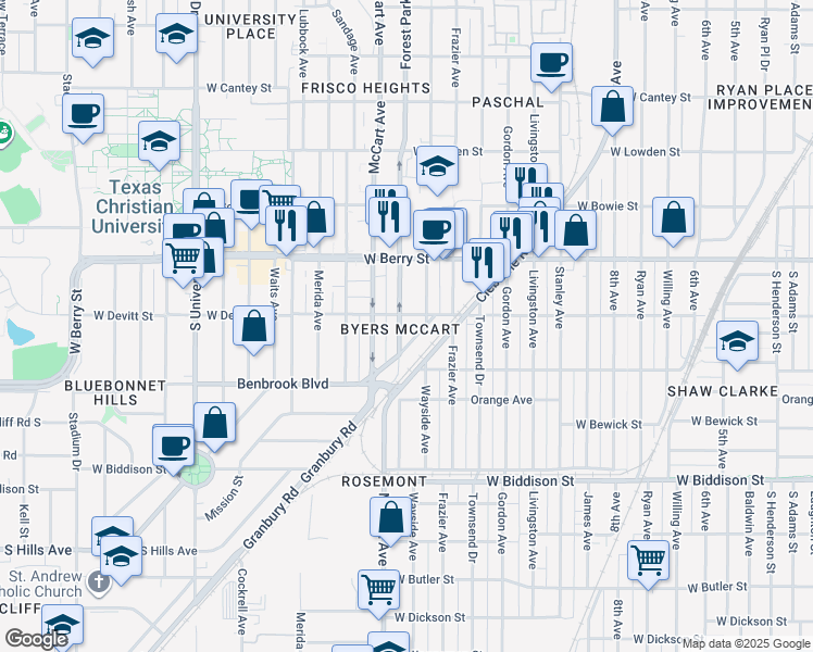 map of restaurants, bars, coffee shops, grocery stores, and more near 3140 Wayside Avenue in Fort Worth