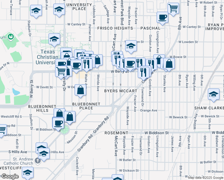 map of restaurants, bars, coffee shops, grocery stores, and more near 3141 McCart Avenue in Fort Worth