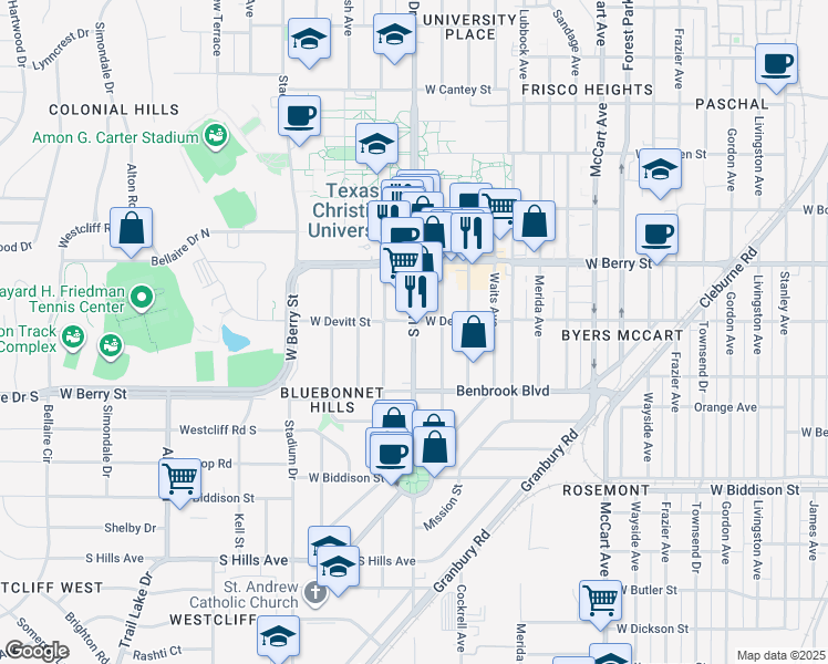 map of restaurants, bars, coffee shops, grocery stores, and more near in Fort Worth