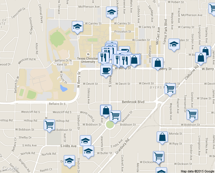 map of restaurants, bars, coffee shops, grocery stores, and more near in Fort Worth