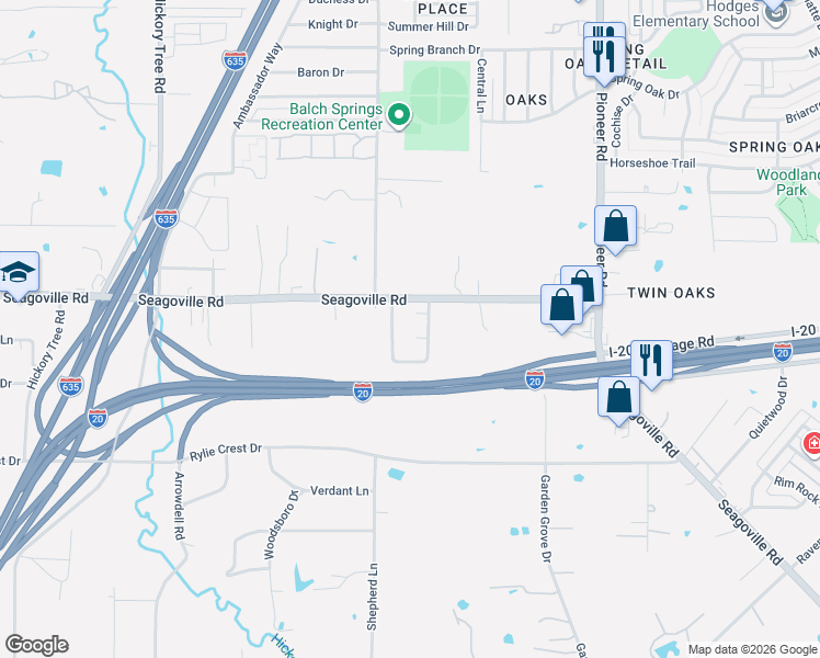 map of restaurants, bars, coffee shops, grocery stores, and more near 4804 Honeysuckle Drive in Balch Springs