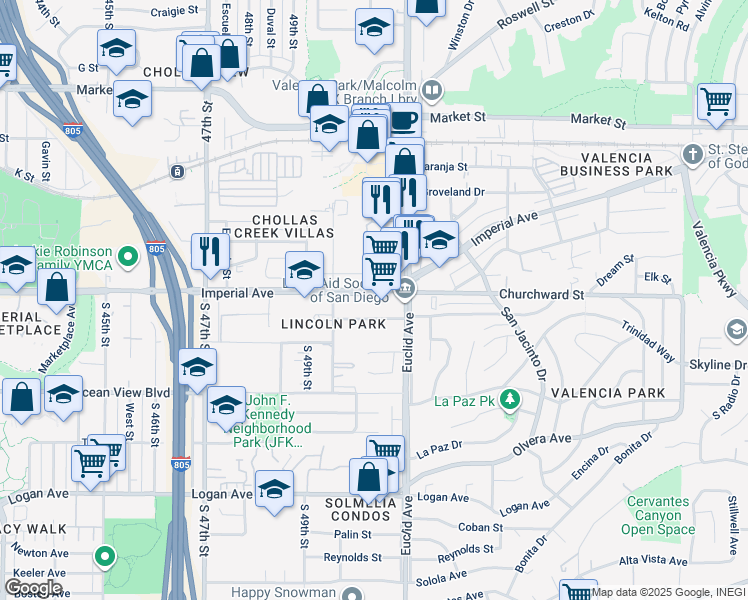 map of restaurants, bars, coffee shops, grocery stores, and more near in San Diego