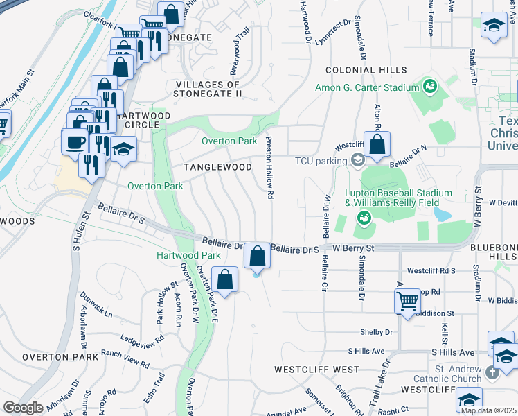 map of restaurants, bars, coffee shops, grocery stores, and more near 3215 Spanish Oak Drive in Fort Worth