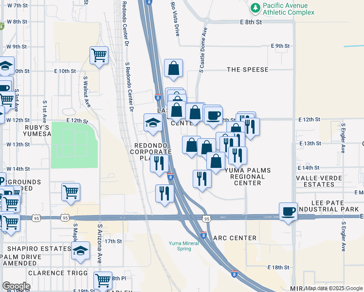 map of restaurants, bars, coffee shops, grocery stores, and more near 1350 South Castle Dome Avenue in Yuma