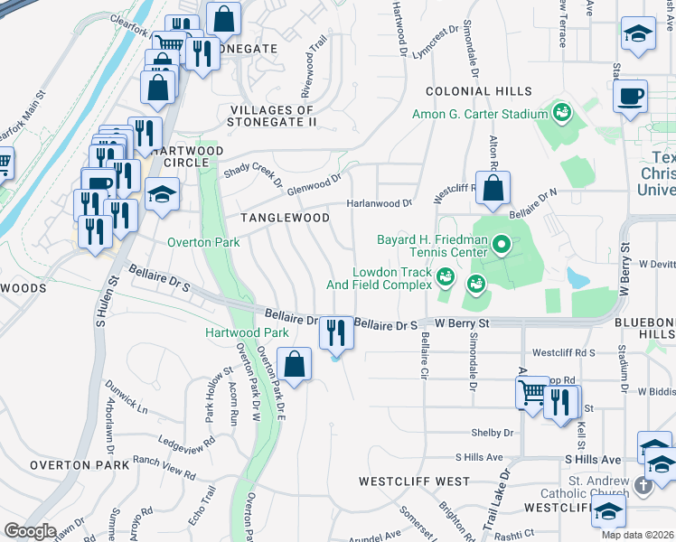 map of restaurants, bars, coffee shops, grocery stores, and more near 3215 Spanish Oak Drive in Fort Worth