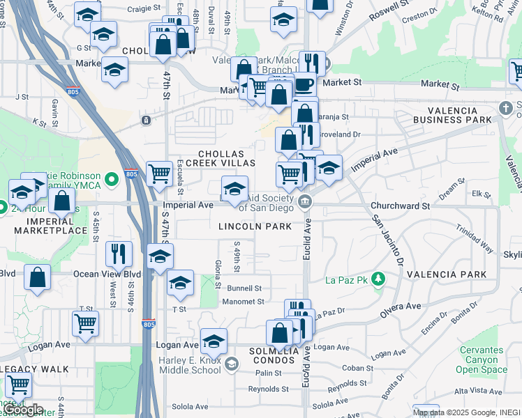 map of restaurants, bars, coffee shops, grocery stores, and more near 4965 Imperial Avenue in San Diego