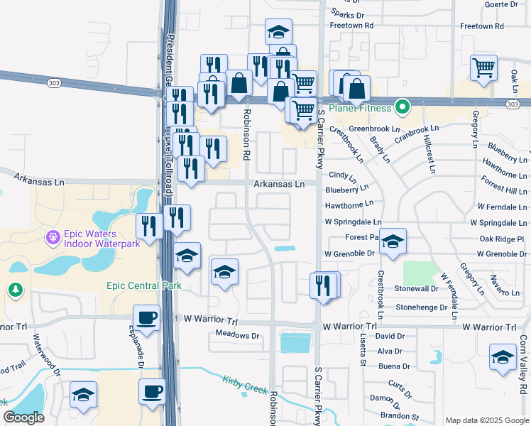 map of restaurants, bars, coffee shops, grocery stores, and more near 931 Quail Creek Drive in Grand Prairie