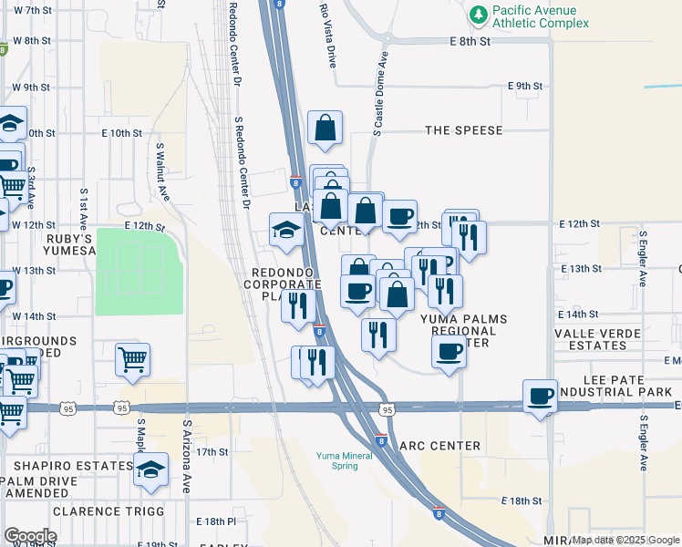 map of restaurants, bars, coffee shops, grocery stores, and more near 1350 South Castle Dome Avenue in Yuma