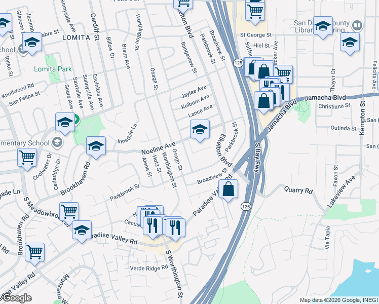 map of restaurants, bars, coffee shops, grocery stores, and more near 8845 Noeline Avenue in Spring Valley