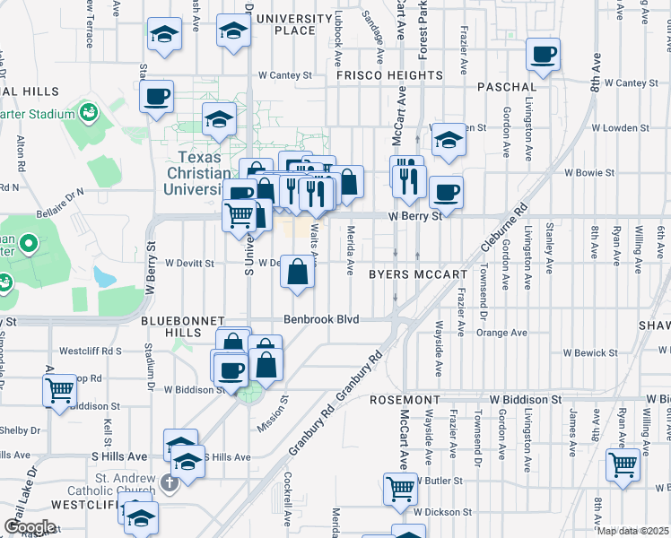 map of restaurants, bars, coffee shops, grocery stores, and more near 3140 Merida Avenue in Fort Worth