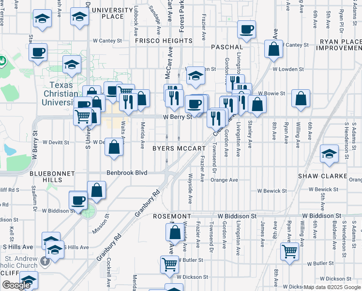 map of restaurants, bars, coffee shops, grocery stores, and more near 3205 Forest Park Boulevard in Fort Worth