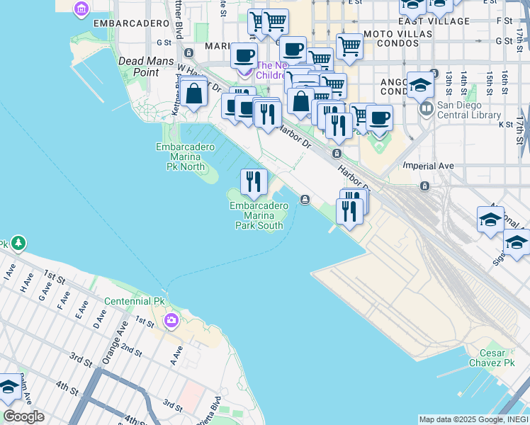 map of restaurants, bars, coffee shops, grocery stores, and more near 200 Marina Park Way in San Diego