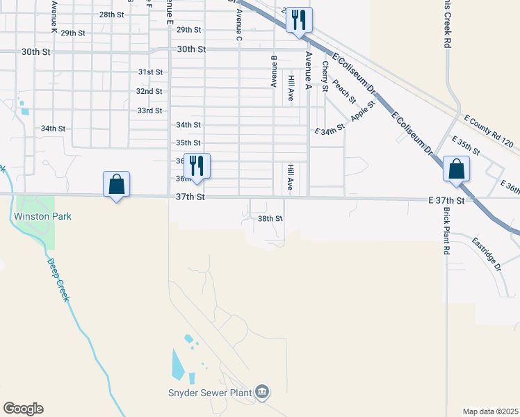 map of restaurants, bars, coffee shops, grocery stores, and more near 209 37th Street in Snyder