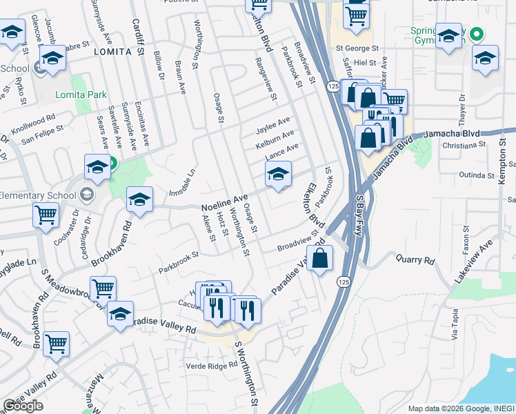 map of restaurants, bars, coffee shops, grocery stores, and more near 8845 Noeline Avenue in Spring Valley