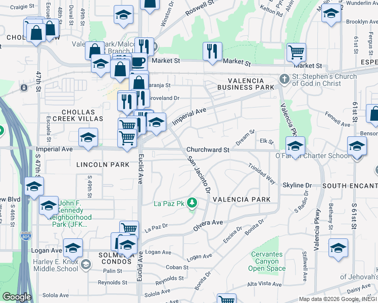 map of restaurants, bars, coffee shops, grocery stores, and more near 125 San Jacinto Drive in San Diego