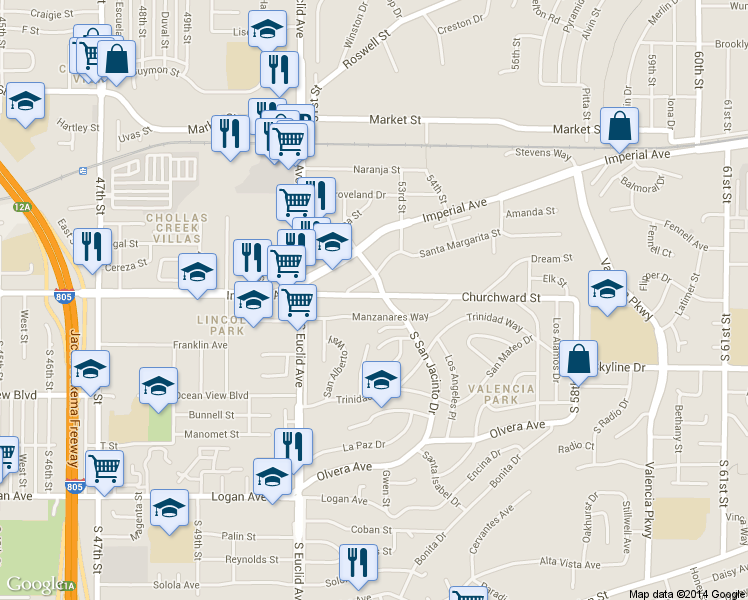 map of restaurants, bars, coffee shops, grocery stores, and more near 5236 Santa Margarita Street in San Diego
