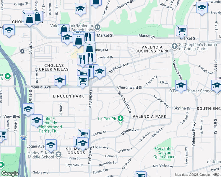 map of restaurants, bars, coffee shops, grocery stores, and more near 5236 Santa Margarita Street in San Diego