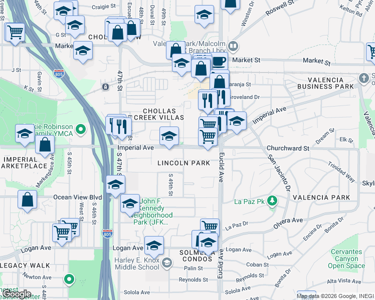 map of restaurants, bars, coffee shops, grocery stores, and more near 120 Willie James Jones Avenue in San Diego