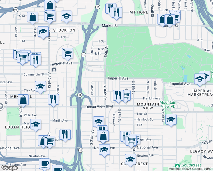 map of restaurants, bars, coffee shops, grocery stores, and more near 212 South 36th Street in San Diego