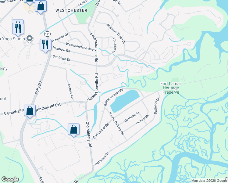 map of restaurants, bars, coffee shops, grocery stores, and more near 1312 Battle Ground Road in Charleston