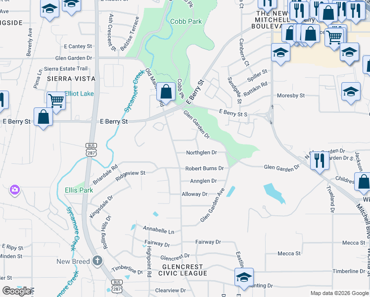 map of restaurants, bars, coffee shops, grocery stores, and more near 2426 Hillview Drive in Fort Worth