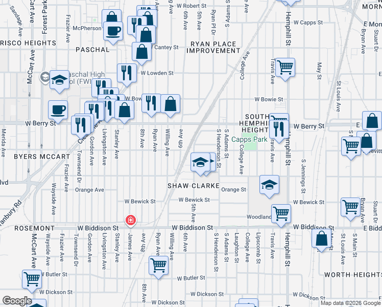 map of restaurants, bars, coffee shops, grocery stores, and more near 1241 West Devitt Street in Fort Worth