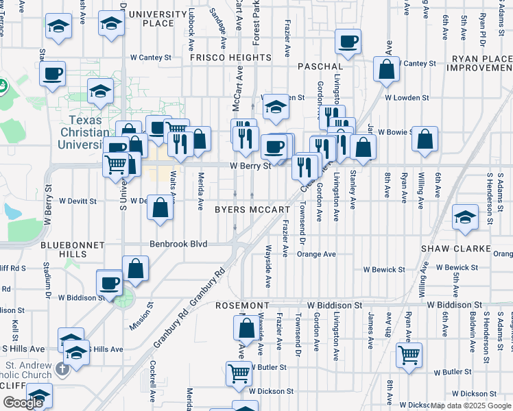 map of restaurants, bars, coffee shops, grocery stores, and more near 3140 Wayside Avenue in Fort Worth