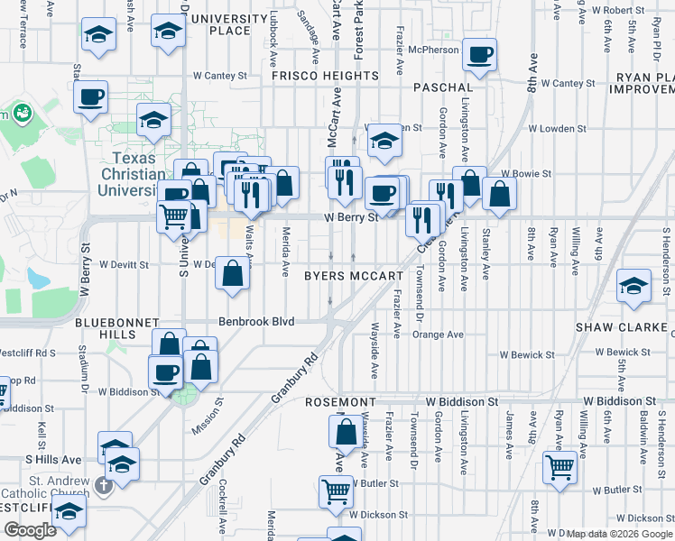 map of restaurants, bars, coffee shops, grocery stores, and more near 3141 McCart Avenue in Fort Worth