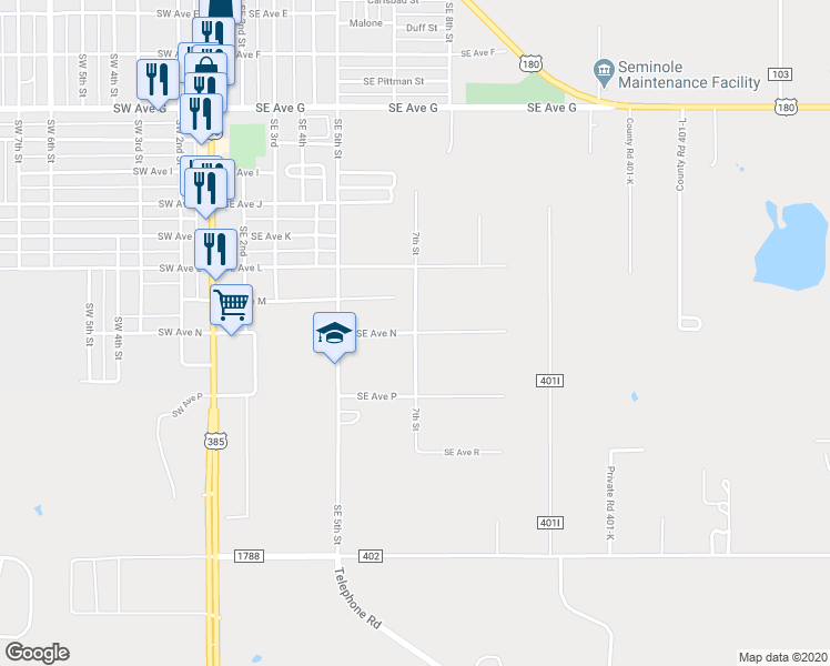 map of restaurants, bars, coffee shops, grocery stores, and more near 7th Street in Seminole