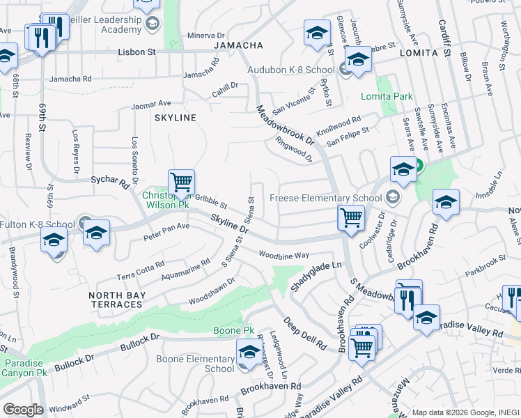 map of restaurants, bars, coffee shops, grocery stores, and more near 128 Old Oak Drive in San Diego