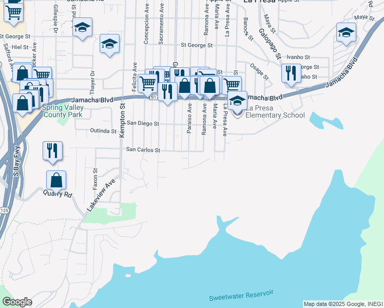 map of restaurants, bars, coffee shops, grocery stores, and more near 341 Paraiso Avenue in Spring Valley