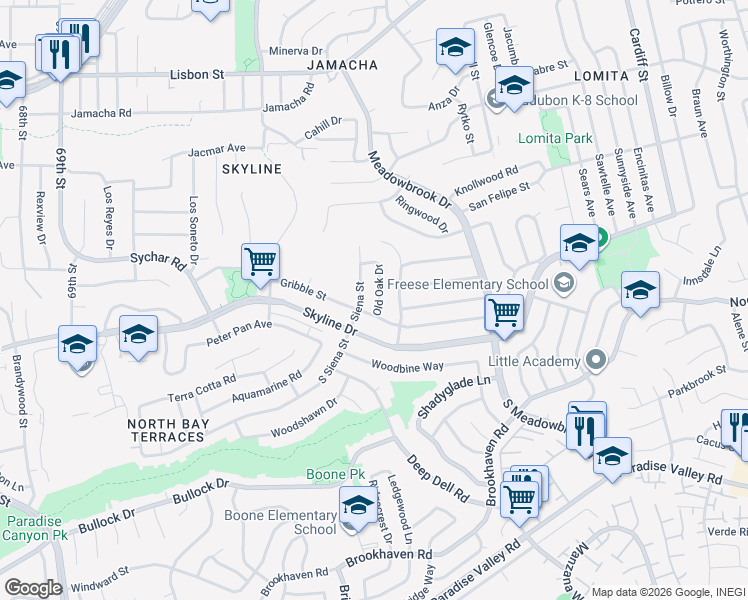 map of restaurants, bars, coffee shops, grocery stores, and more near 128 Old Oak Drive in San Diego