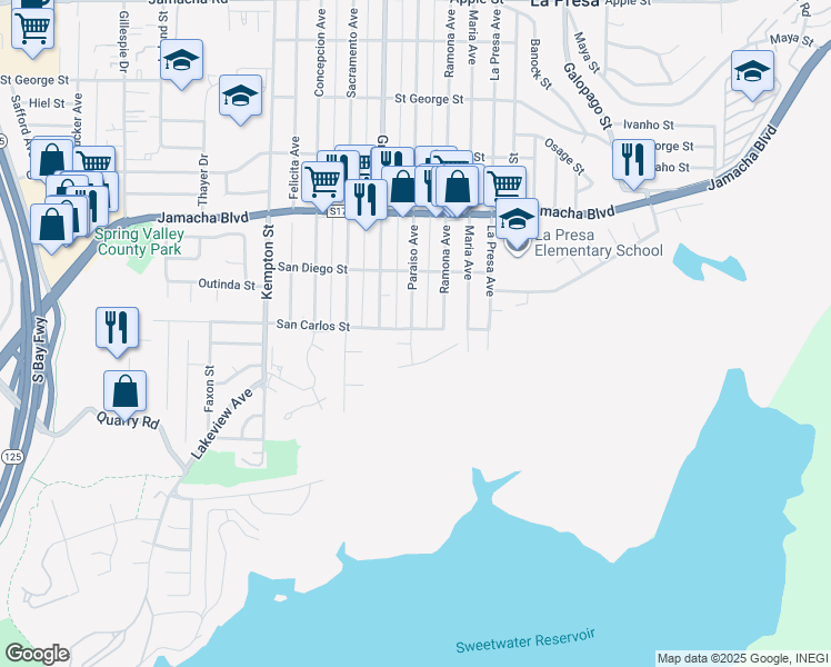 map of restaurants, bars, coffee shops, grocery stores, and more near 341 Paraiso Avenue in Spring Valley