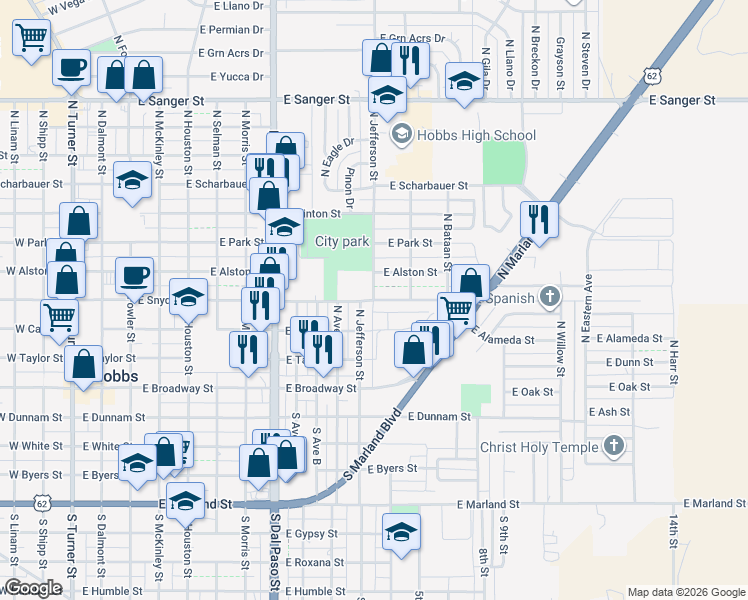 map of restaurants, bars, coffee shops, grocery stores, and more near 401 North Jefferson Street in Hobbs