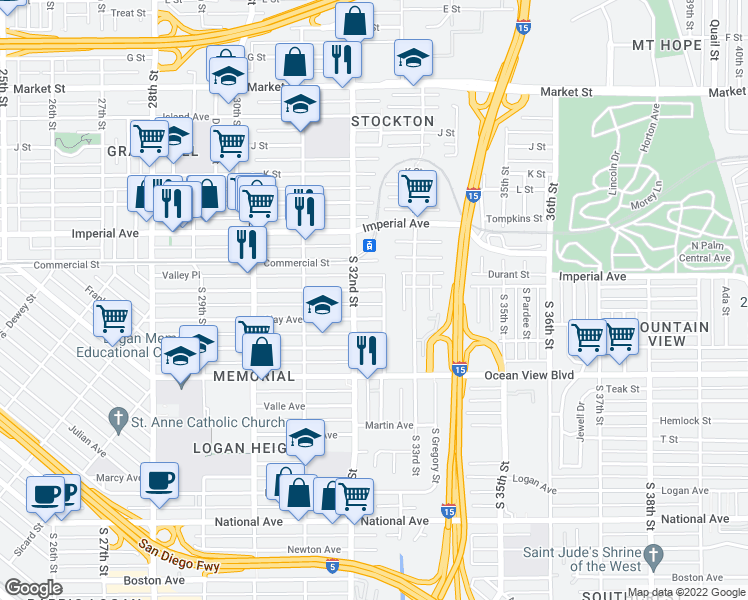 map of restaurants, bars, coffee shops, grocery stores, and more near 3235 Webster Avenue in San Diego