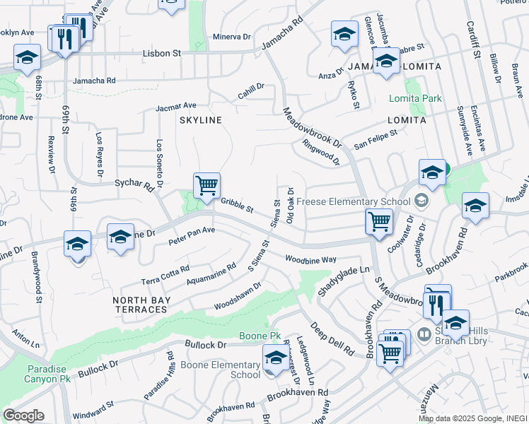 map of restaurants, bars, coffee shops, grocery stores, and more near 7458 Gribble Street in San Diego
