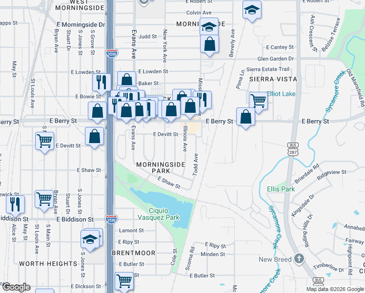 map of restaurants, bars, coffee shops, grocery stores, and more near 3208 Illinois Avenue in Fort Worth