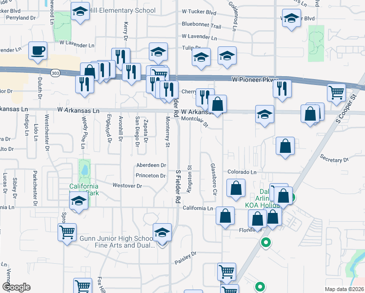 map of restaurants, bars, coffee shops, grocery stores, and more near 2418 Kingston Street in Arlington