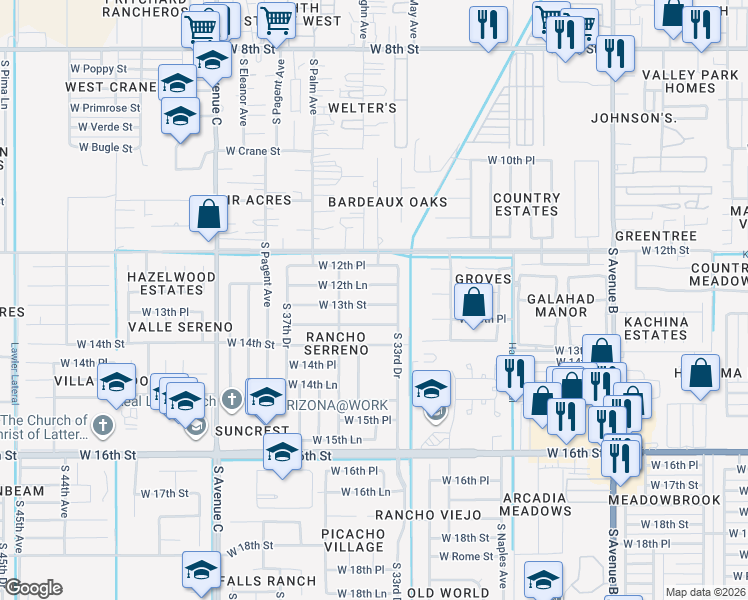 map of restaurants, bars, coffee shops, grocery stores, and more near 3365-3383 West 12th Lane in Yuma