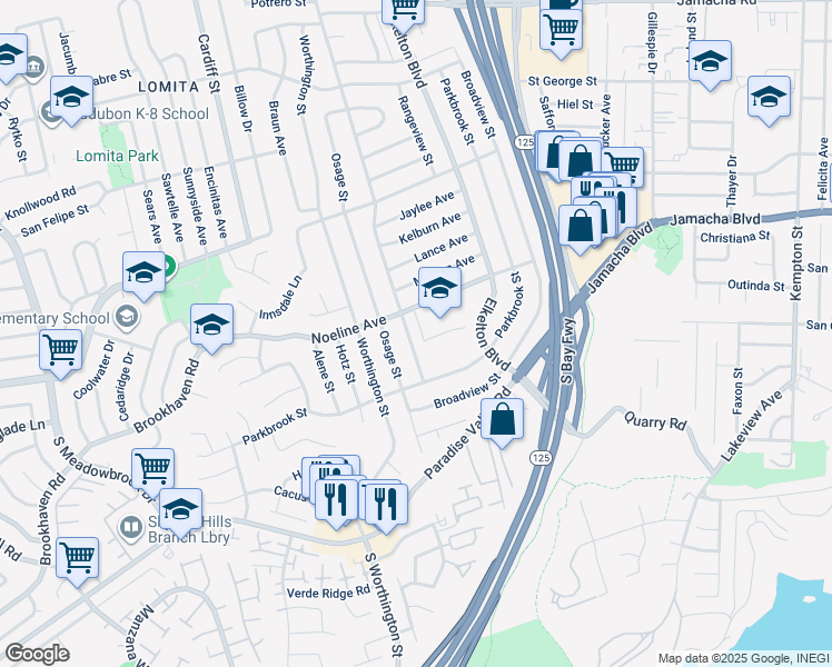 map of restaurants, bars, coffee shops, grocery stores, and more near 8845 Noeline Avenue in Spring Valley