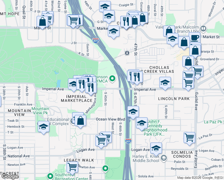map of restaurants, bars, coffee shops, grocery stores, and more near 4512 Imperial Avenue in San Diego