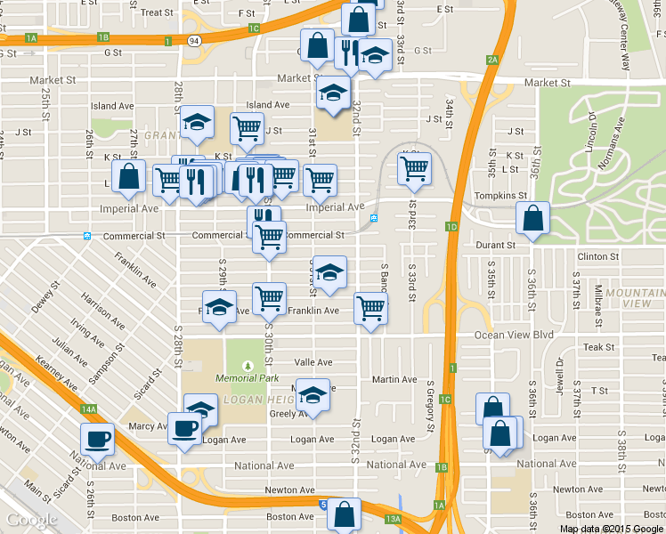map of restaurants, bars, coffee shops, grocery stores, and more near 3164 Webster Avenue in San Diego